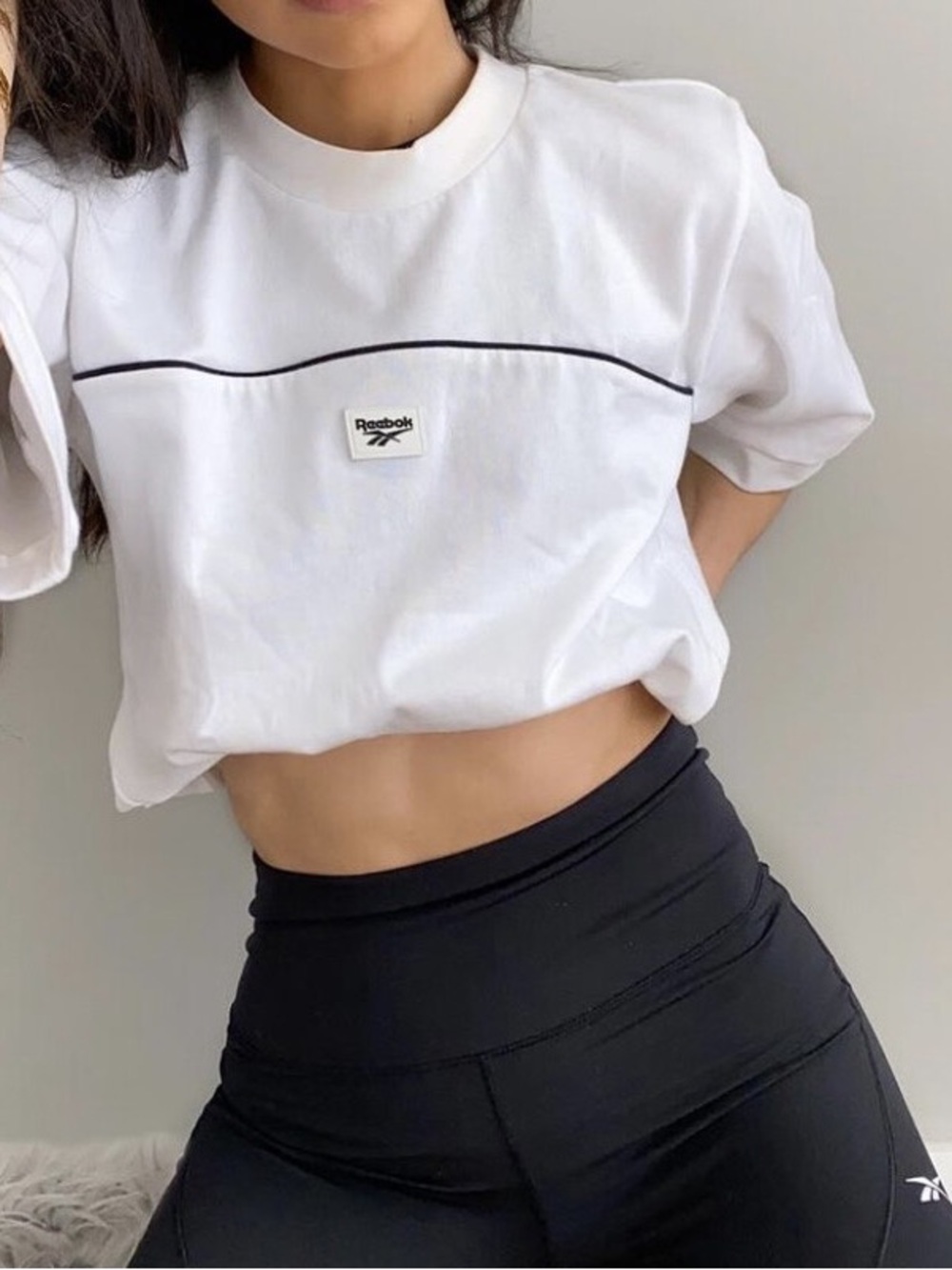 Reebok White Cropped Tee with Black Piping